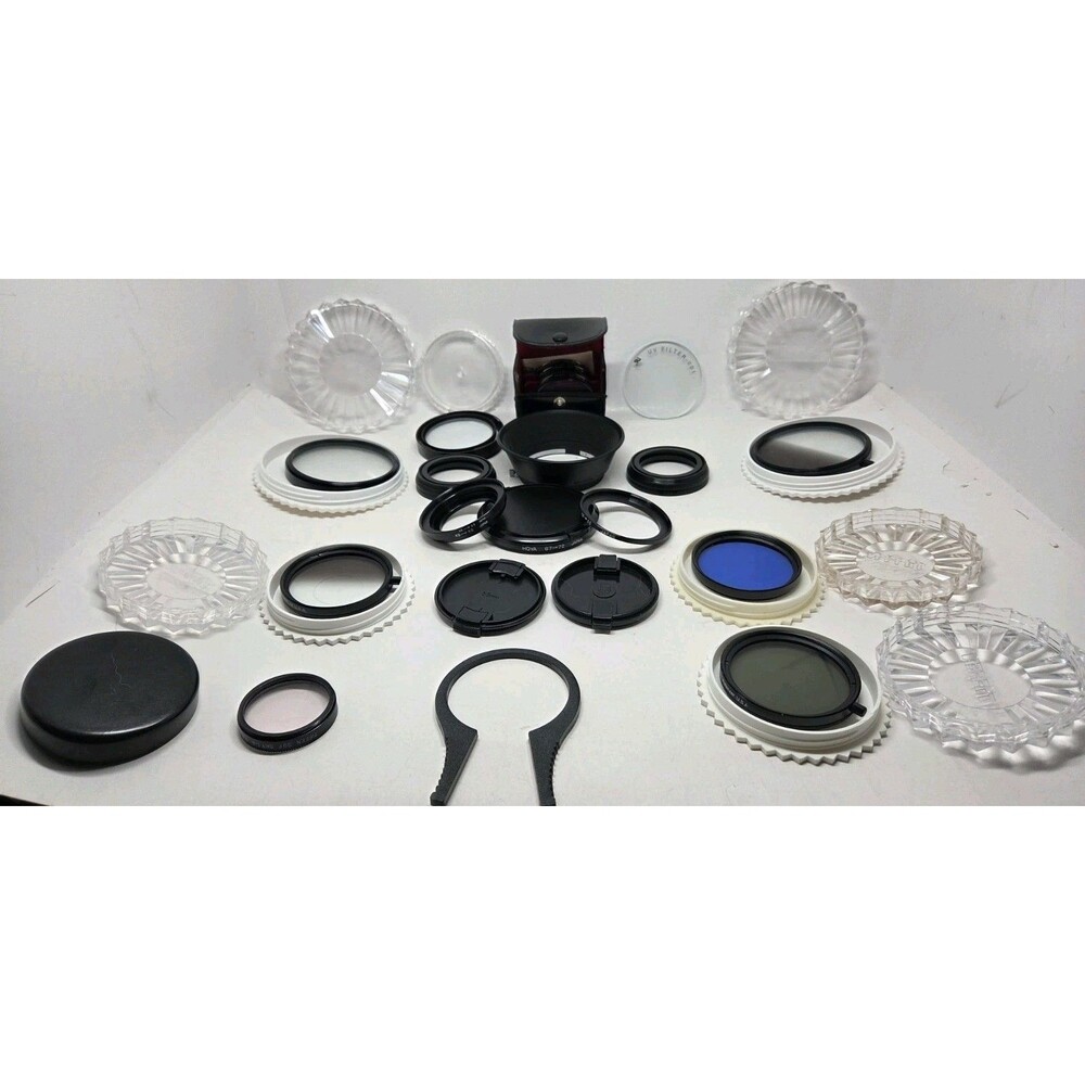 Vtg Camera Filter Lot - Toshiba 49mm, Mostly Tiffin 39/55/72mm, Adapters, Hood